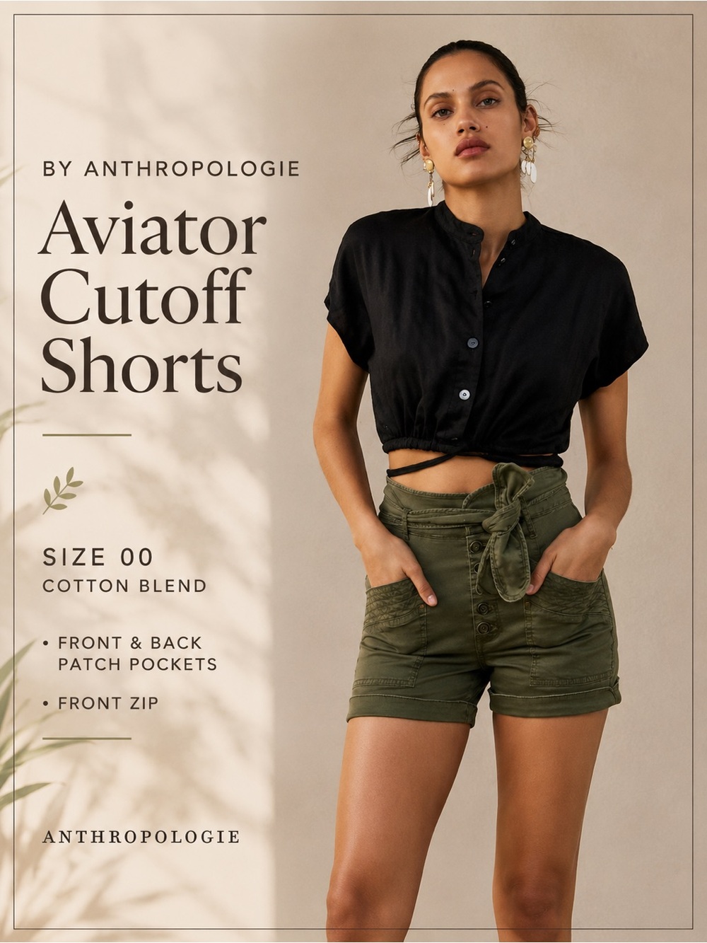 By Anthropologie Aviator Cutoff Shorts Olive Green Belted Utility Size 00 NWT